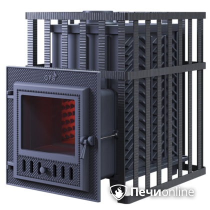 Дровяная банная печь Гефест ЗК в сетке-18 (М) чугунная дверца со стеклом, запатентованная каменка сетка в Берёзовском